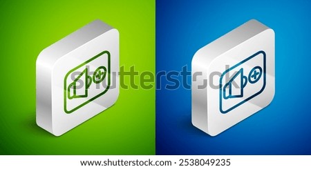 Isometric line Speaker volume, audio voice sound symbol, media music icon isolated on green and blue background. Silver square button. Vector