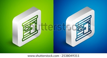 Isometric line Sauna wooden bathhouse icon isolated on green and blue background. Heat spa relaxation therapy bath and hot steam healthcare, relax therapy. Silver square button. Vector