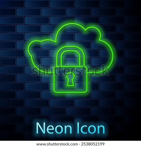 Glowing neon line Cloud computing lock icon isolated on brick wall background. Security, safety, protection concept. Protection of personal data.  Vector Illustration