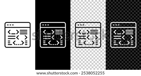 Set line Software, web developer programming code icon isolated on black and white, transparent background. Javascript computer script random parts of program code.  Vector