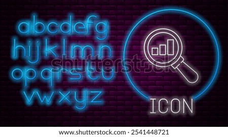 Glowing neon line Magnifying glass and data analysis icon isolated on brick wall background. Neon light alphabet. Vector