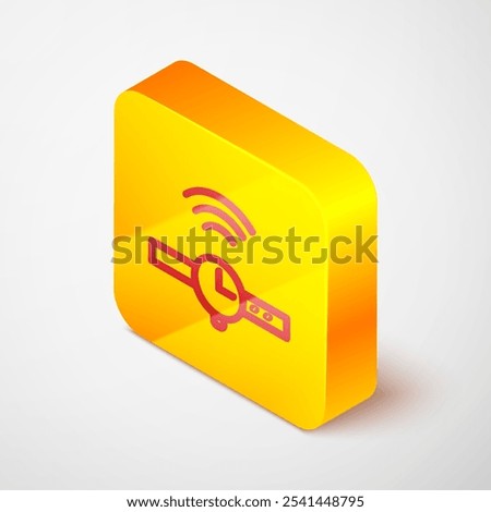 Isometric line Smartwatch icon isolated on grey background. Internet of things concept with wireless connection. Yellow square button. Vector