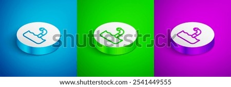 Isometric line Periscope in the waves above the water icon isolated on blue, green and purple background. White circle button. Vector