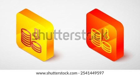 Isometric line Dollar rate decrease icon isolated on grey background. Cost reduction. Money symbol with down arrow. Business lost crisis decrease. Yellow and orange square button. Vector