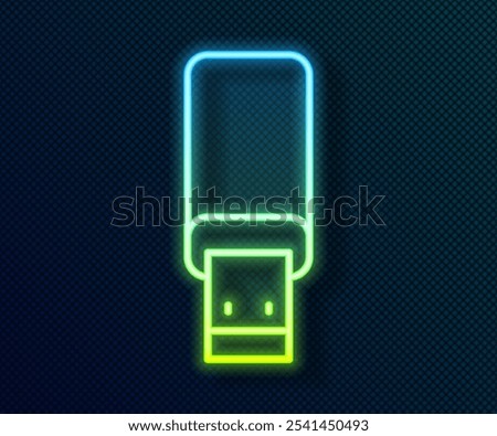 Glowing neon line USB flash drive icon isolated on black background.  Vector