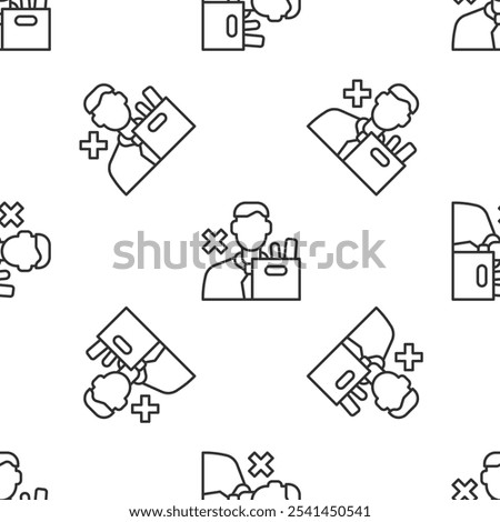 Grey line Dismissed sad young man carrying box with his personal belonging leaving his job icon isolated seamless pattern on white background. Employee fired from work.  Vector