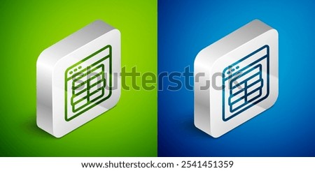 Isometric line MySQL code icon isolated on green and blue background. HTML Code symbol for your web site design. Silver square button. Vector