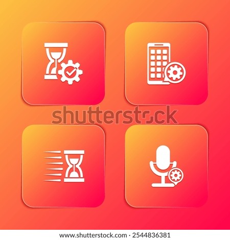 Set Hourglass setting, Mobile Apps, Old hourglass with sand and Microphone icon. Vector