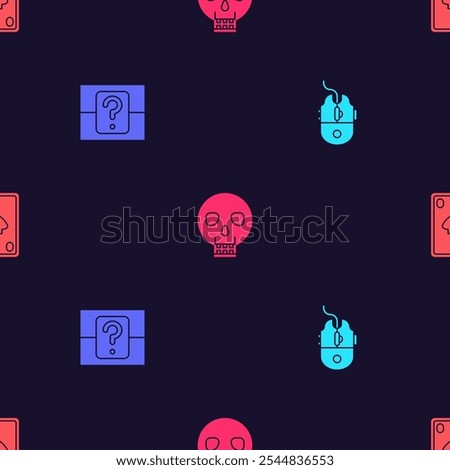 Set Computer mouse gaming, Mystery or random box, Skull and Playing card with diamonds on seamless pattern. Vector