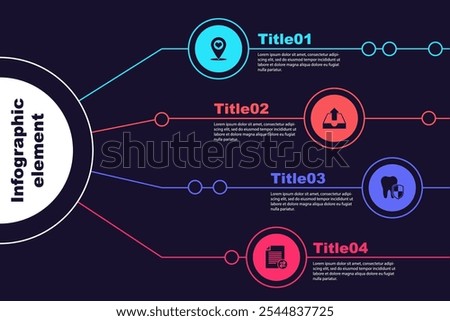 Set Map pointer with heart, Upload inbox, Dental protection and Transfer files. Business infographic template. Vector