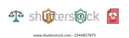 Set Scales of justice, Life insurance with shield, Shield dollar and Health icon. Vector