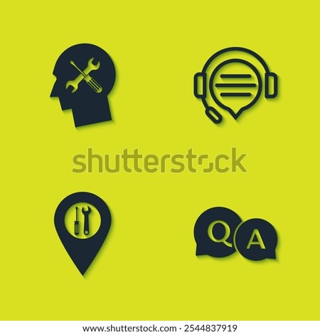 Set Human head service, Question and Answer, Location and Headphones with speech bubble chat icon. Vector