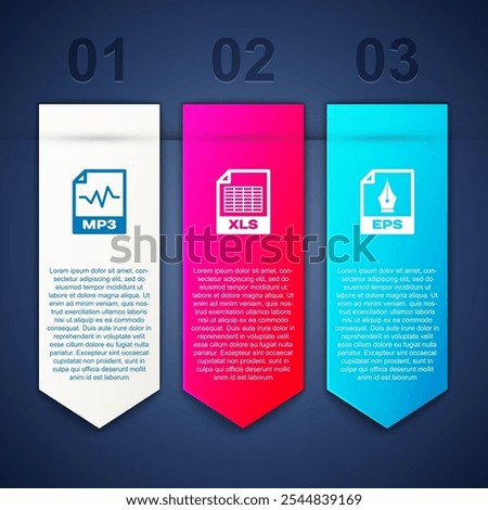 Set MP3 file document, XLS and EPS. Business infographic template. Vector