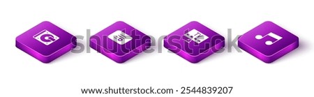 Set Isometric Vinyl player with vinyl disk, Add to playlist, Smart Tv and Music note, tone icon. Vector