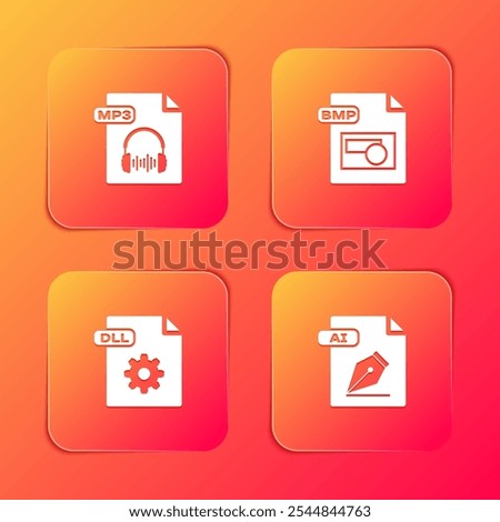 Set MP3 file document, BMP, DLL and AI icon. Vector