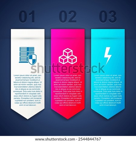 Set Server with shield, Isometric cube and Lightning bolt. Business infographic template. Vector