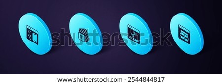 Set Isometric MySQL code, Loading data window, Processor and Software icon. Vector