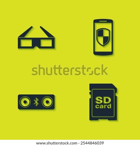 Set 3D cinema glasses, SD card, Bluetooth speakers and Smartphone with shield icon. Vector