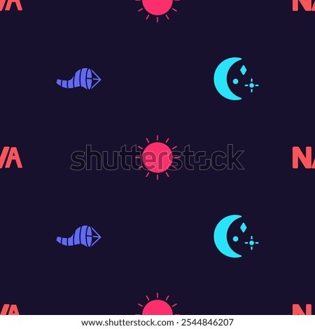 Set Moon and stars, Cone meteorology windsock wind vane, Sun and Not applicable on seamless pattern. Vector