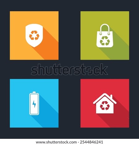 Set Recycle inside shield, Shopping bag with recycle, Battery and Eco House recycling icon. Vector