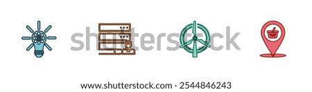 Set Light bulb with gear, Customer care server, Rotating wind turbine and Location shopping basket icon. Vector