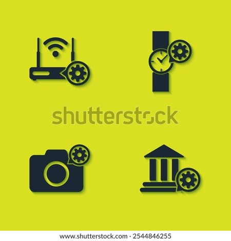 Set Router and wi-fi setting, Bank building, Photo camera and Wrist watch icon. Vector