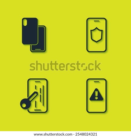 Set Smartphone, Mobile with exclamation mark, Glass screen protector and shield icon. Vector