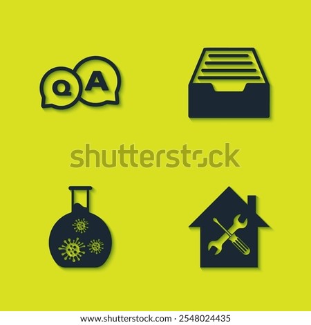 Set Question and Answer, House service, Test tube with virus and Drawer documents icon. Vector