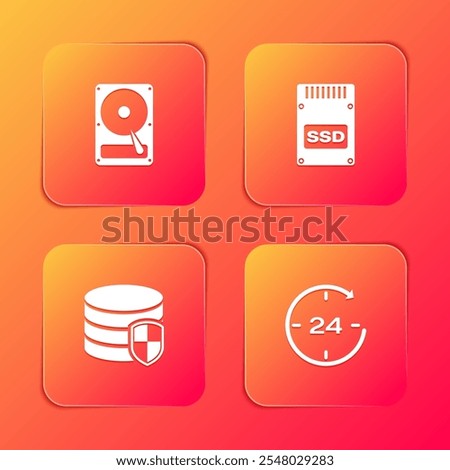 Set Hard disk drive HDD, SSD card, Database protection and Clock 24 hours icon. Vector