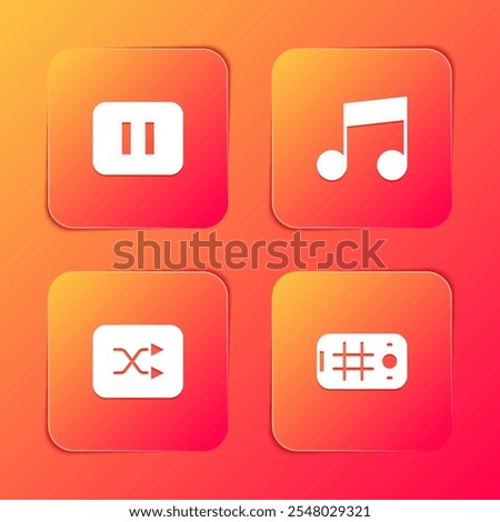 Set Pause button, Music note, tone, Arrow shuffle and Selfie mobile icon. Vector