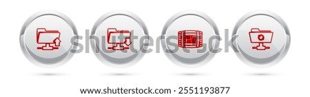 Set line FTP folder upload, download, Wooden barrel for wine and sync refresh. Silver circle button. Vector