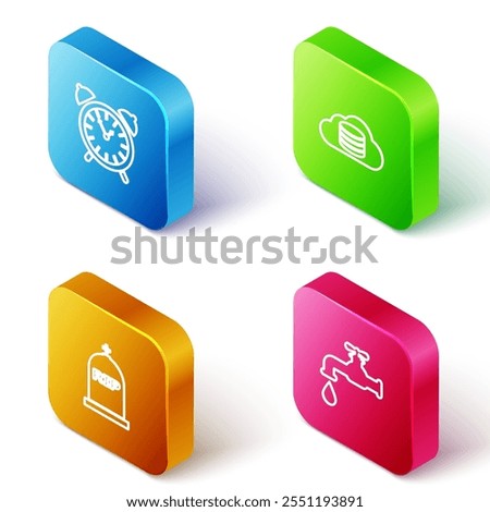 Set Isometric line Alarm clock, Cloud database, Tombstone with RIP written and Water tap icon. Vector