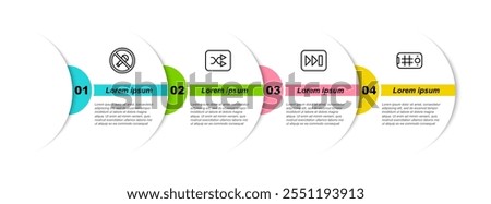 Set line Mute microphone, Arrow shuffle, Fast forward and Selfie mobile. Business infographic template. Vector