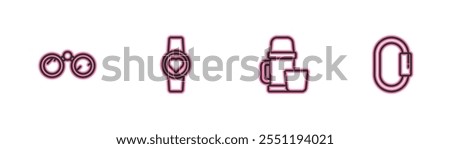 Set line Binoculars, Thermos container and cup, Smart watch showing heart beat rate and Carabiner icon. Vector