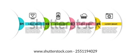 Set line Location with sales funnel, Mobile exclamation mark, Password protection and Browser setting. Business infographic template. Vector