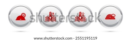 Set line Rainbow with sun, Water thermometer,  and cloud. Silver circle button. Vector