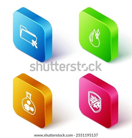 Set Isometric line Folder service, Clean water drop, Test tube with virus and Stop virus, bacteria icon. Vector