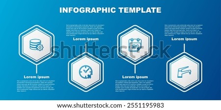 Set line Setting database server, Clock 24 hours, Calendar and Water tap. Business infographic template. Vector