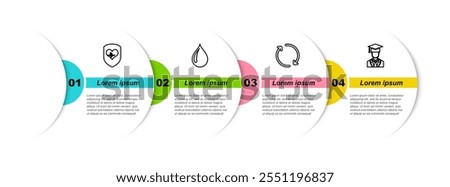 Set line Shield and heart rate, Water drop, Refresh and Graduate with graduation cap. Business infographic template. Vector