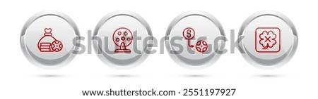 Set line Money bag, Lottery machine, Casino chips exchange and slot. Silver circle button. Vector