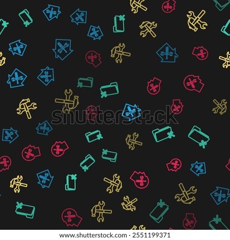 Set line House service, Folder, Crossed hammer and wrench and Human head on seamless pattern. Vector