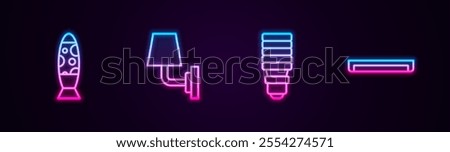 Set line Floor lamp, Wall sconce, LED light bulb and Fluorescent. Glowing neon icon. Vector