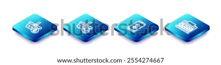 Set Isometric line Shopping basket and dollar, with check mark, Smartphone and building text closed icon. Vector