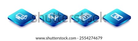 Set Isometric line Monitor with exclamation mark, Computer monitor diagnostics, Create account screen mobile and Setting icon. Vector