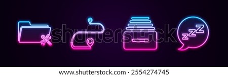 Set line Folder service, Route location, Drawer with documents and Speech bubble snoring. Glowing neon icon. Vector