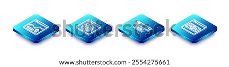 Set Isometric line Financial growth increase, Browser setting, Search engine and Online shopping on screen icon. Vector