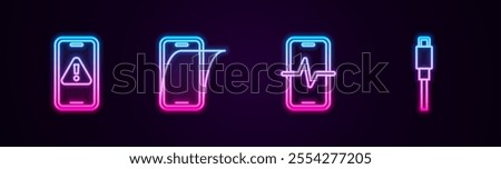 Set line Mobile with exclamation mark, Glass screen protector, Phone repair service and USB cable cord. Glowing neon icon. Vector