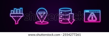 Set line Sales funnel with chart, Location sales, Server, Data, Web Hosting and Browser exclamation mark. Glowing neon icon. Vector