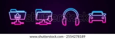 Set line FTP folder upload, download, Headphones and Car. Glowing neon icon. Vector