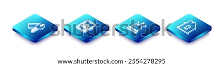 Set Isometric line Marked key, Tablet with exclamation mark, Motion sensor and House under protection icon. Vector